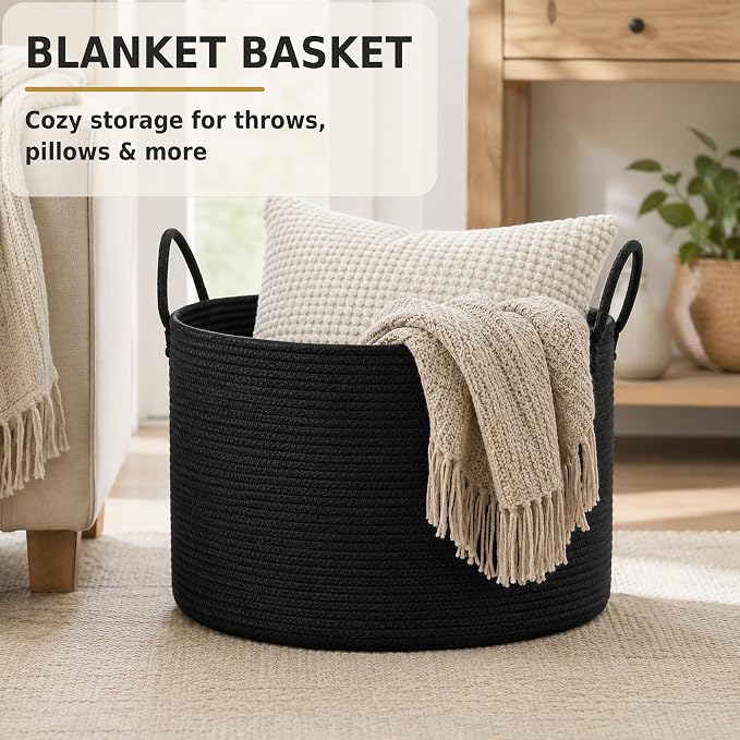 XUANGUO 66L Large Blanket Basket, Round Cotton Rope Basket, Black | 20" x 13" Laundry Basket with Sturdy Handles for Blankets, Pillows and Toys; Storage for Living Room, Bedroom and Nursery