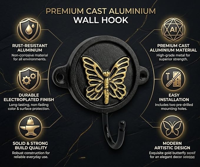 Aluminium Butterfly Print Wall Hook for Home Décor | Decorative Heavy Duty Wall Mounted Hook Rack for Coat, Keys, Towels, Bags & Hats | Rustic Vintage Organizer for Entryway, Bathroom & Bedroom