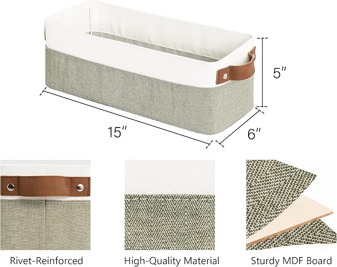 StorageWorks Narrow Storage Bins, Long Baskets, Green and White, 2-Pack | With Metal Frame, Sturdy Structure, PU Handles, Toilet Paper Storage, Small Storage Bins for Bathroom, Closet, Shelf