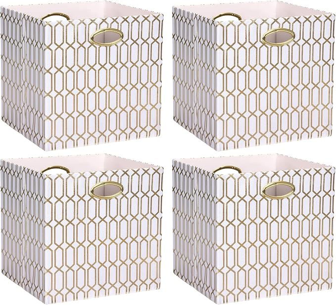 13x13x13 Storage Cube Bins, Collapsible Storage Bins Fabric Storage Cubes Organizer Baskets Box Drawers for Shelves, Closet, Wardrobe, Bookshelf, Cabinet, 4 Pack, White/Shiny Gold, AG4000202
