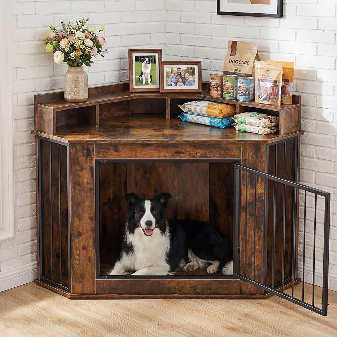 Corner Dog Crate Furniture for Small, Medium Dogs | Heavy Wooden Kennel, storage Shelves, Anti-Chew Design, Space-Saving, Indoor Use as TV Stand/Table