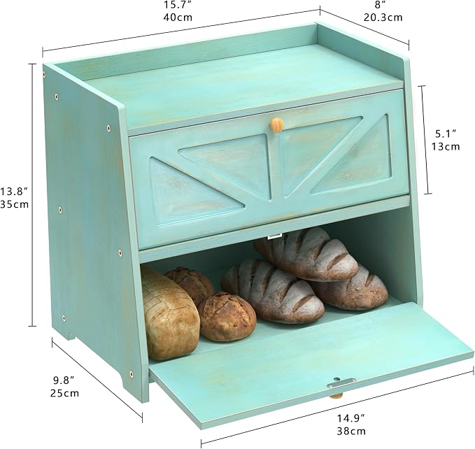 Trironsun Vintage Double Layer Bread Box for Kitchen Counter Bamboo Bread Storage Container Large Capacity Bread Storage Bin (Antique Blue)
