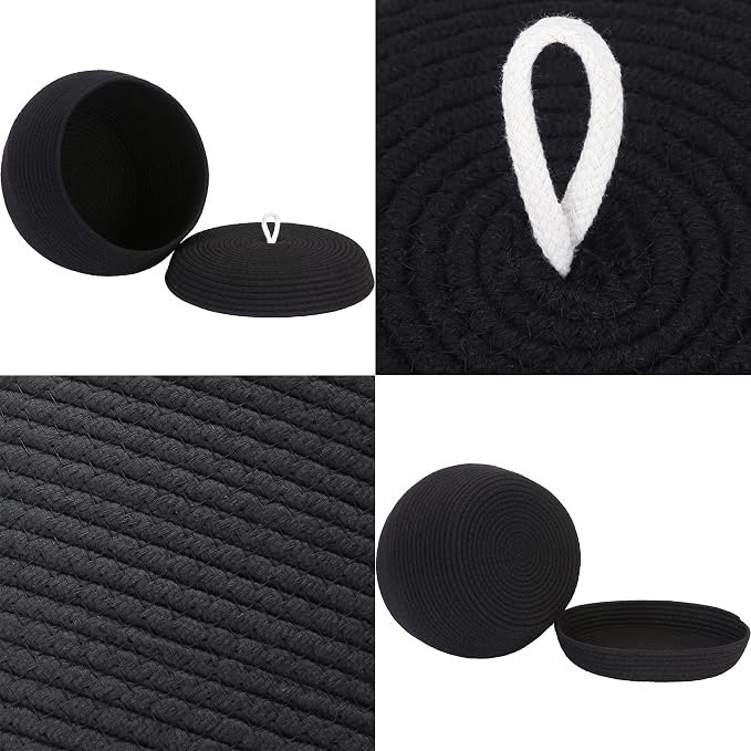 Sea Team Round Woven Cotton Rope Storage Basket with Lid, Black | Lidded Knitted Decorative Storage Bin, Pot, Caddy, Organizer, Container for Snacks, Towels, Plants, 13 x 9 Inches