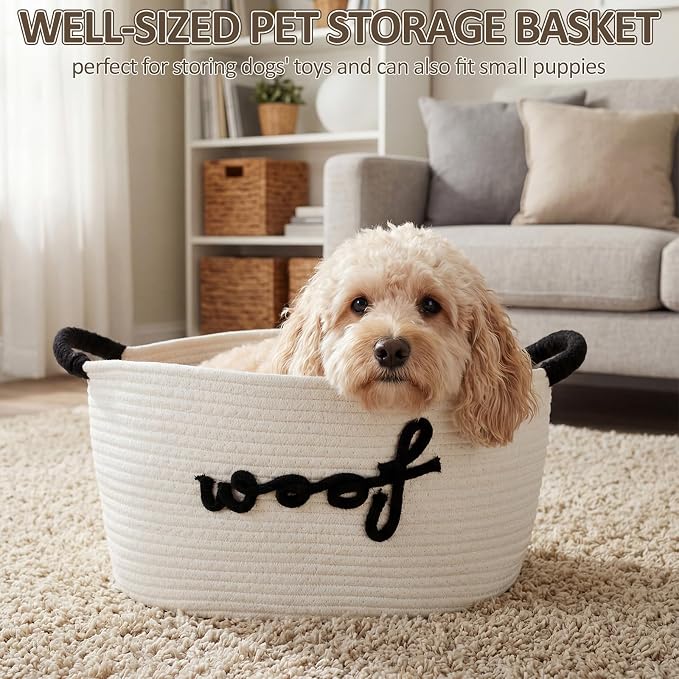 Dog woven Toy Basket 14.6 x 10.6 x 8.7 Inch Woof Pet Baskets Storage Bin Box with Durable Handles, Woven Pet Basket Puppy Bins for Organizing Toys Dog Blankets and Accessories(Woof)