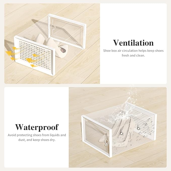 Kuject X-Large Shoe Storage Boxes 12 Pack, Clear Stackable Shoe Organizer | Shoe Case for Closet, Entryway & Under-Bed Storage, Drop-Front Design, Space-Saving Solution for Family Organization,White