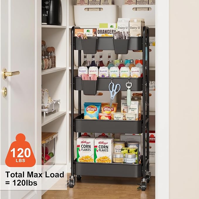 4 Tier Rolling Cart Metal with Wheels, Black Four Tiered Rolling Storage Cart on Wheels, Utility Roller Carts Organizer for Art, Craft, Baby Diaper Caddy, Snack, Book, Large-Capacity Shelving Units