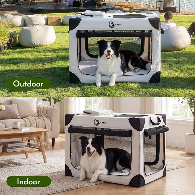 Portable Collapsible Soft Dog Crate for Small Dogs, 26in Grey | Oxford Cloth Travel Camping dog kennel with 4 Mesh Windows & 2 Storage Pockets,for Indoor & Outdoor Use