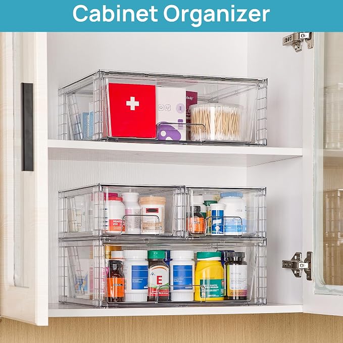 Vtopmart Clear Stackable Storage Drawers, 5 Pack Wide Storage Set | Wide and Small Pull-Out PET Drawers Designed for Large and Small Item Sorting, Cabinets, Closets, Pantry