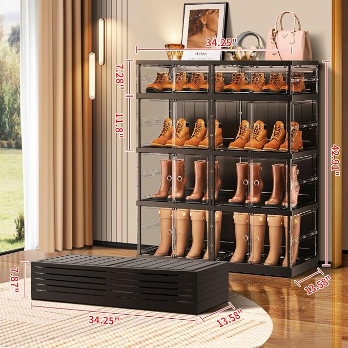 CIMLORD 4-Tier Foldable Shoe Rack Organizer for Boots, 16 Pairs, Black | Collapsible Plastic Shoe Cabinet Storage, Fits Tall Boots, Stackable with Lids, Easy Assembly, for Closet & Entryway