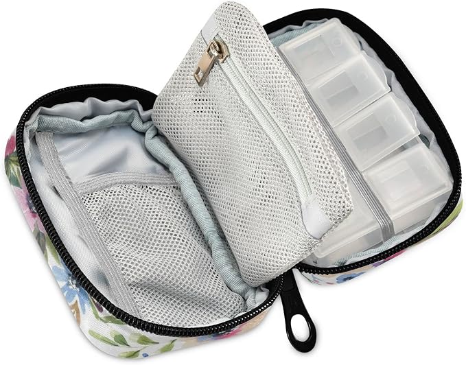 Custom Pill Box 7 Day Pill Case Bag Watercolor Flower Personalized Name Travel Pill Organizer Bag with Zipper Portable Weekly Case Compact Size for Vitamin Supplement Holder