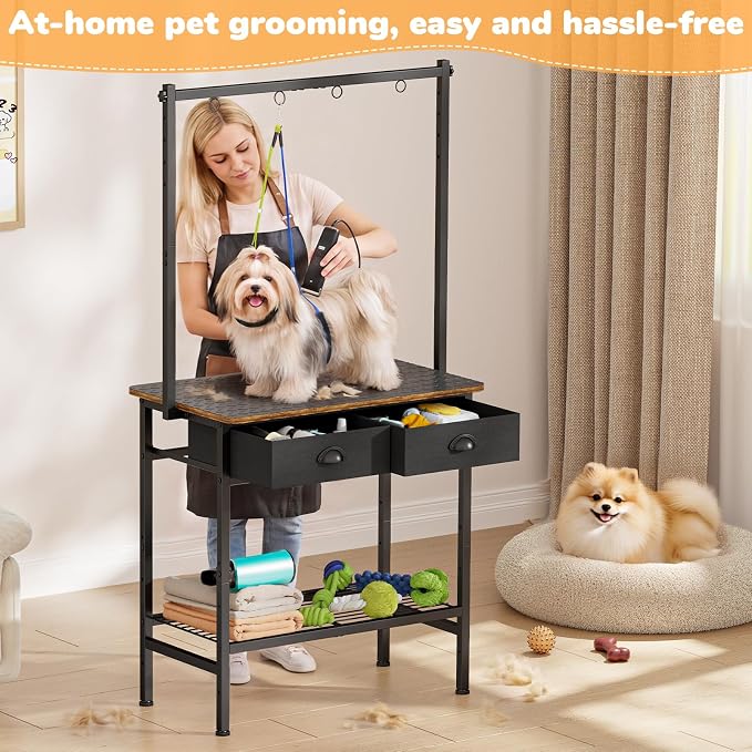 Cutogxon Dog Grooming Table for Small Dogs at Home | Adjustable Height Pet Grooming Table with Double Drawers,Mesh Tray,Non-slip Removable Washable Mat and EVA Protective Lanyard