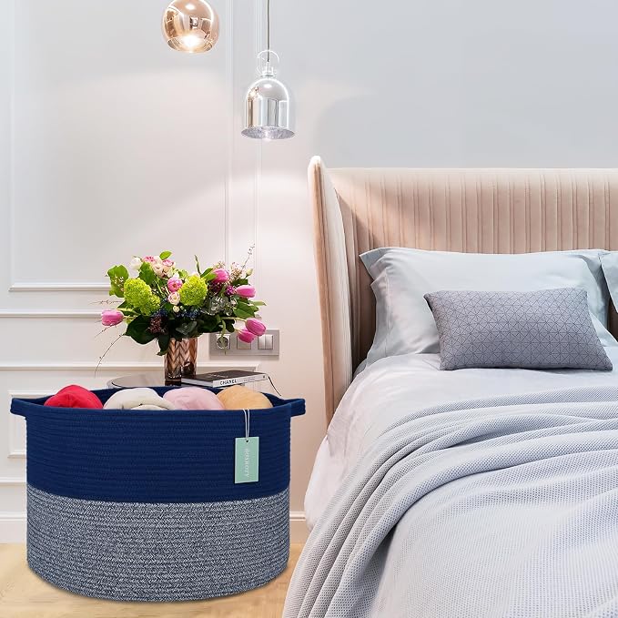 Large Cotton Rope Blanket Basket, 87L Laundry Hamper, Navy Blue