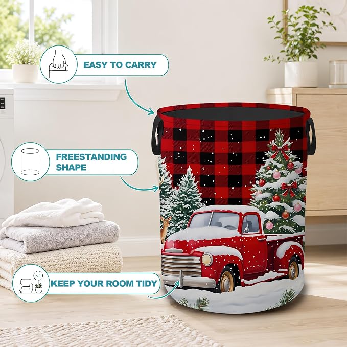 Christmas Red Truck Collapsible Laundry Hamper,Winter Deer Waterproof Oxford Cloth Clothes Basket with Handles for Bathroom Bedroom Nursery Dorm Room,16" x 20"
