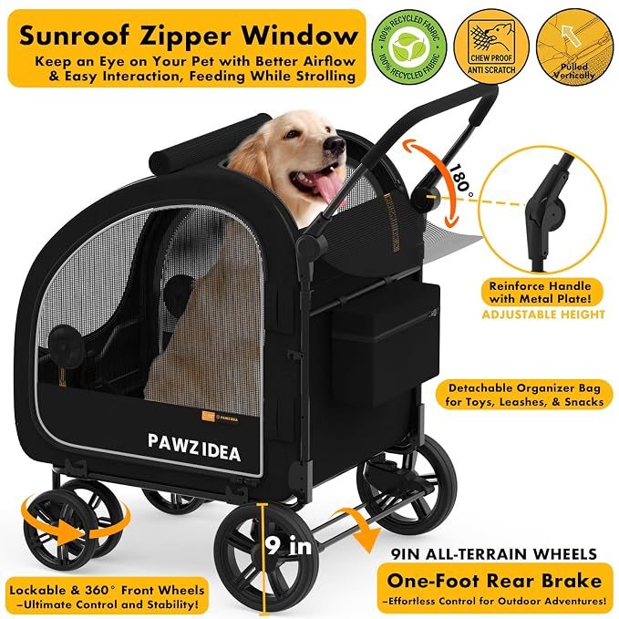 PAWZIDEA 3-in-1 Large Dog Stroller with Detachable Carrier, 45% Extra Tall | Dog Crate Car Travel for 2 Medium Dogs Sit Upright, Foldable Jogger Pet Stroller All-Terrain, Adjustable Handle, Up to 100lbs