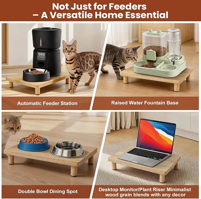 Large Cat Food Stand for Automatic Feeder & Bowls, 15.7" x 11.8" Heavy Duty Solid Wood Cat Bowl Stand, 2.8" Raised Wooden Cat Feeding Table Station with Anti-Slip Feet