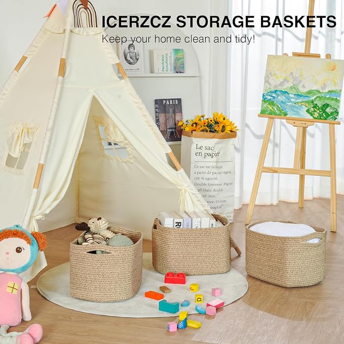 ICERZCZ Decorative Storage Baskets for Organizing Shelves, Toy Basket for Nursery, Woven Cotton Rope Baskets for Decor, Towel Basket for Bathroom, 15"x11"x9.5", 3 Packs, Brown