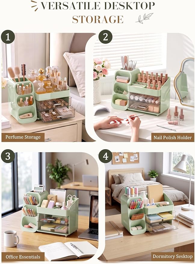 Large Makeup Organizer Countertop for Vanity Skincare Organizers Green | Cosmetic Organizer with Brush Holder and 2 Drawers, Beauty Makeup Storage for Lipsticks, Nail Polishes, Eyeshadow Palettes