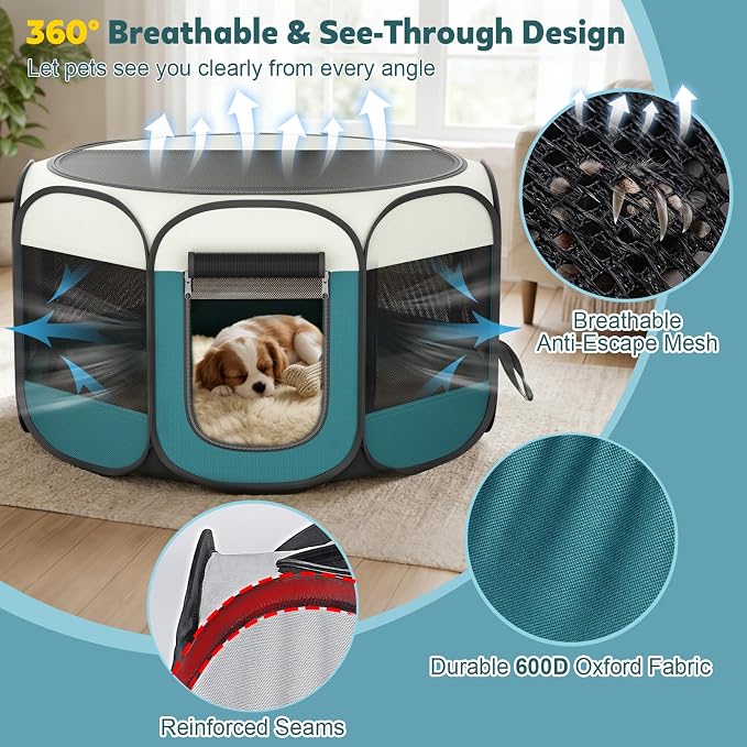 Portable Pet Playpen for Cat Dog: Foldable Cat Playpen Enclosed Up to 40lbs | Large Pop Up Indoor Outdoor Kennel for Puppy Kitten, Carry Case, Removable Zipper Top, 600D Oxford, Waterproof Base, Camping