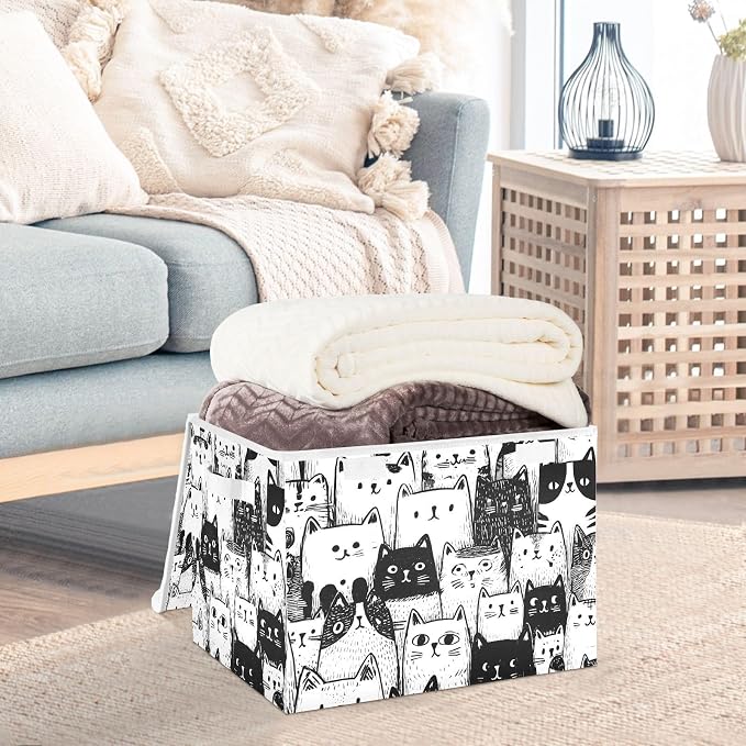 Cute Cat Pattern Storage Bins with Lids Closet Bedroom 40L Storage Basket | Decorative Storage Boxes, Foldable & Stackable, Dust-Proof Flip Top, Reinforced Handles, For Home & Dorm, Clothes & Toy Box