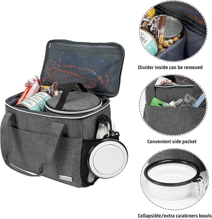 BAGLHER Dog Travel Bag Backpack Pet Supplies Backpack Pet Accessories Storage Bag 5-Piece Set With Shoulder Strap 2 Lined Pet Food Containers 4 Foldable Feeding Bowls Essential Kit for Pet travel