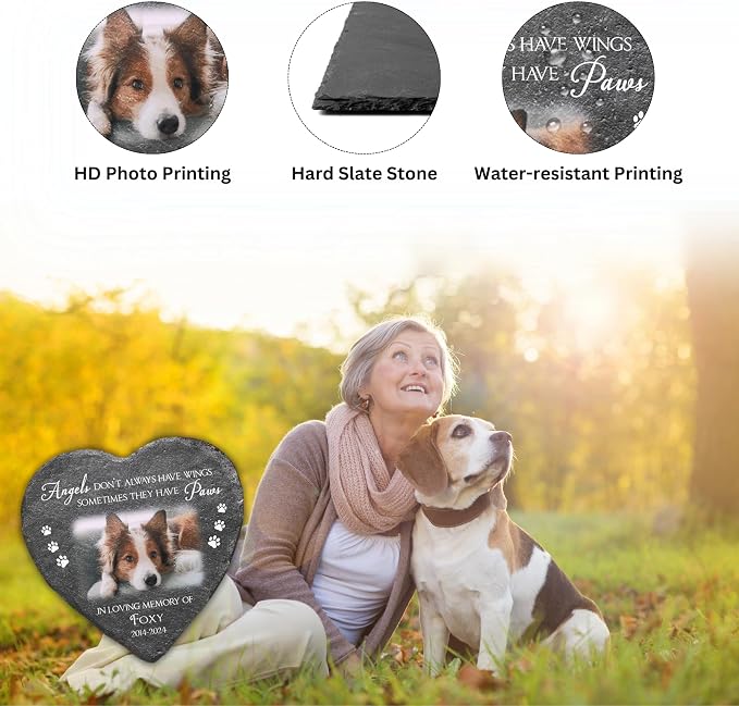 Wrappiness Pet Memorial Stone - Angels Sometimes Have Paws, Personalized Dog Memorial Gifts, Remembrance Condolences Bereavement Gifts for Loss of Pet Custom Photo (Heart 03, Stone)