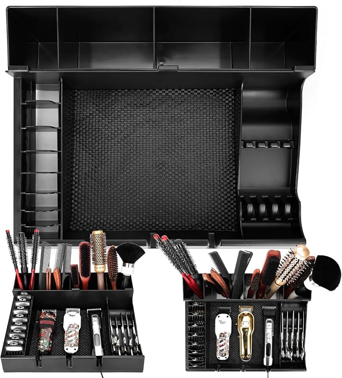 Barber Clippers Station, 15 x 11.8 x 4.3 inch Removable Tray Featuring Dedicated Clippers & Guards Slots and Scissor Razor Slots, for Barber&Salon and Home Stylist Accessories Station Organizer