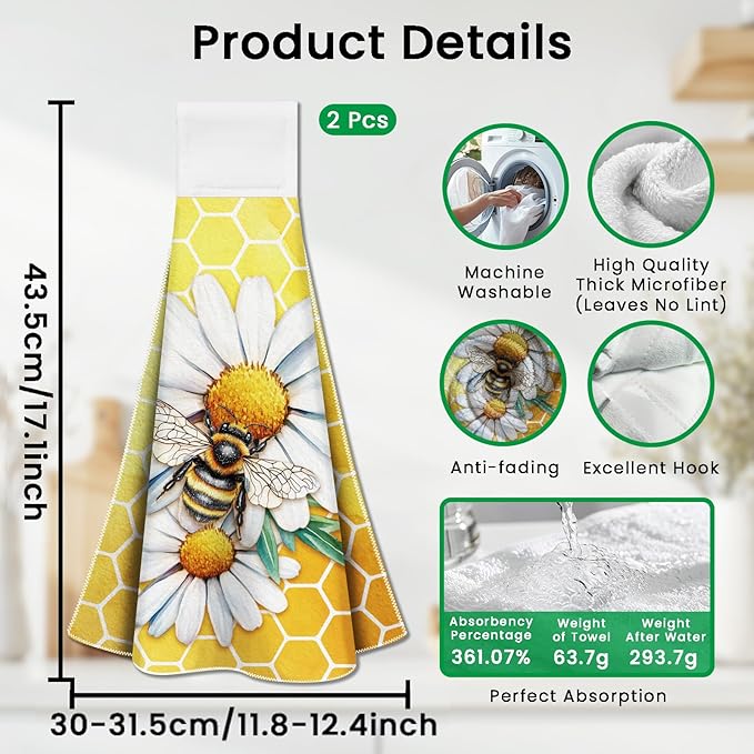 CUTHOLLOW Bee and Daisy Hanging Kitchen Towels with Loop, Set of 2 - Soft & Super Absorbent Microfiber Decorative Hanging Dish & Hand Towel, Tea, Coffee Towel for Kitchen Bathroom Oven Handle