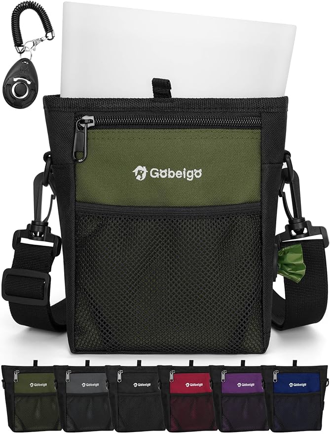 4 Cup Dog Treat Pouch with Silicone Insert Bag& Clicker(Army Green) | 2 Pair Magnetic Closures, Belt Clip/Waist Belt/Crossbody Wear, Zipper Pocket Poop Bag Holder for Pet Training/Daily Walking