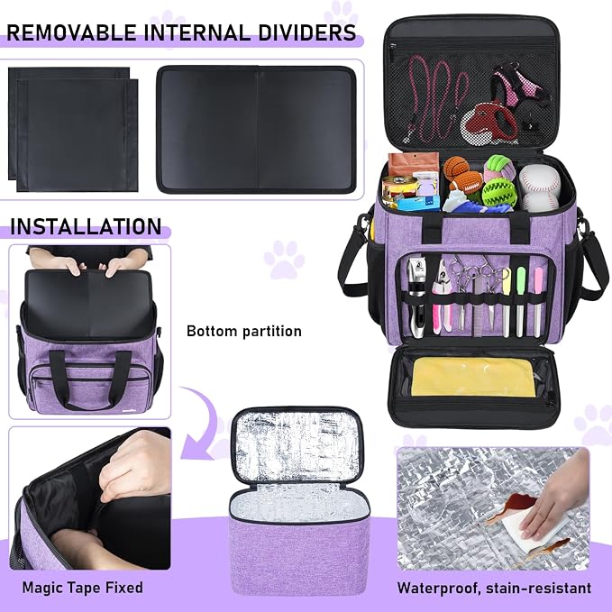 GMAK Pet Grooming Bag,Pet Hair Clipper Organizer Grooming Bag for Equipment | Dog Grooming Tote Bags Pets Tools Supplies Organizer for Dog Cat Equipment, Grooming Tools and Accessories, Purple