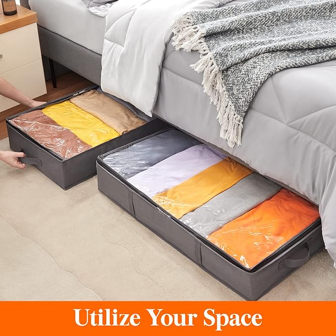Lifewit 4 Pack UnderBed Storage Bags with Lid, Clothes Storage Boxes Foldable Under bed Storage Organizer with Reinforced Handle Thick Fabric Clear Window for Clothes Blankets Shoes, 65L, Grey