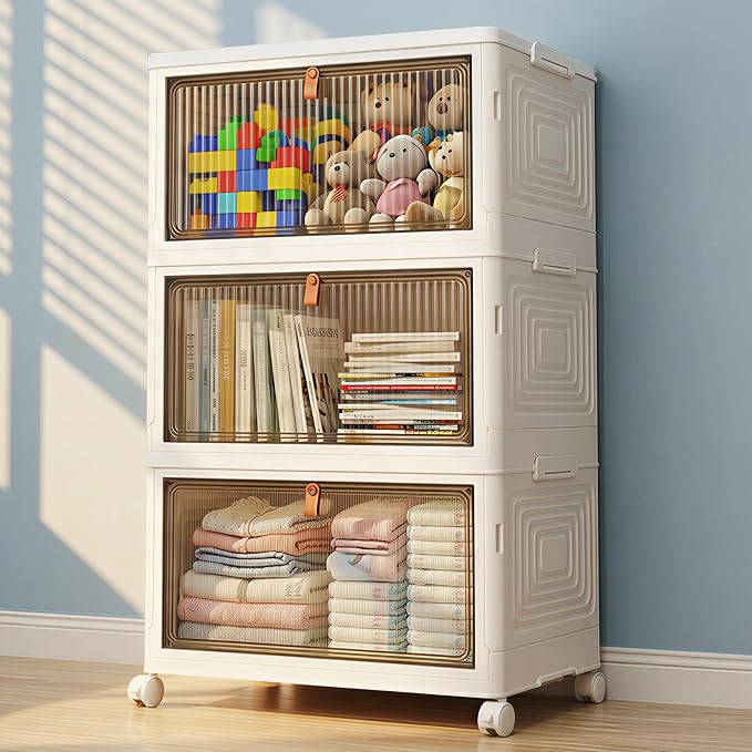 LDQ Storage Bins with Lids, 3 Tier 69QT Stackable Storage Cabinet, Foldable Closet Organizer with Doors & Wheels, Plastic Storage Drawers for Bedroom, Living Room, Bathroom
