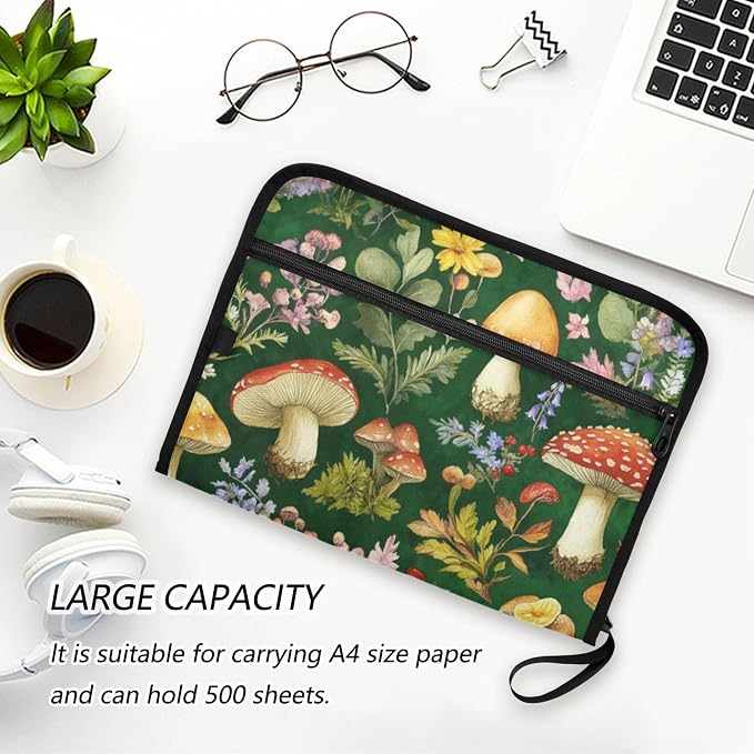 Forest Mushrooms and Flowers Watercolor Pattern Expanding File Folder with Sticky Labels, 13 Pockets Accordion File Folder Document Organizer Expandable Zip File Folder with Zipper Closure