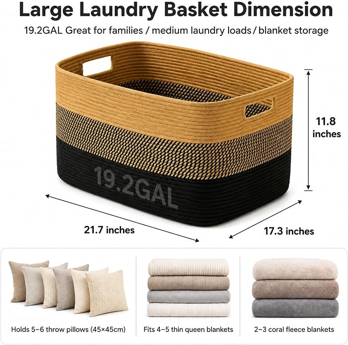 19.2GAL Sturdy Large Laundry Basket with Handles for Dirty Clothes, Portable Aesthetic Boho Cute Woven Storage Blanket Baskets for Living Room Decor and throws pillows Kids Toys Bath Towle Khaki Black