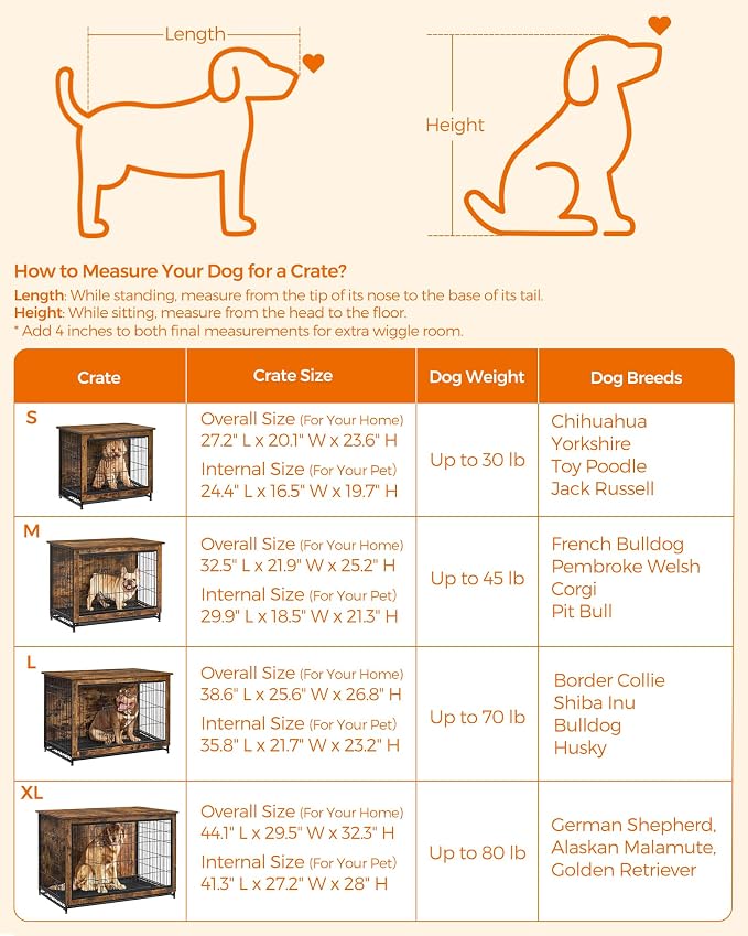 Feandrea 44.1" Dog Crate Furniture, Indoor Dog Cage Side End Table, XL Pet Wood Kennel for Large and Medium Dogs up to 80 lb with Multi-Purpose Removable Tray, Double-Door Pet House, Rustic Brown