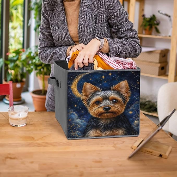 Yorkie Dog Starry Night Moon Storage Bin with Handles, Oxford Fabric Foldable Storage Cube Organizer for Clothes, Towels, Bedroom, Living Room, Home Organization