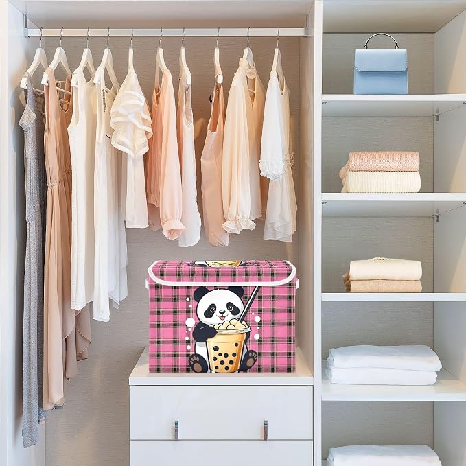 Panda Milk Tea Fabric Storage Bins with Lid Closet Storage Basket 40L | Foldable & Stackable, Flip Top Dust Guard, Reinforced Handles, Home & Bedroom, Clothes & Toys, Panda Print Basket