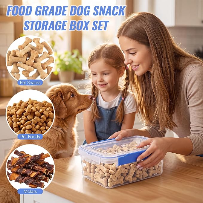 Mifoci 4 Pcs Airtight Dog Treat Container Pet Food Storage with Lids | 1.3-8.2 Qt Plastic Pet Treats Storage Bins Stackable Airtight Dry Food Container Set in 4 Sizes for Biscuits Snacks