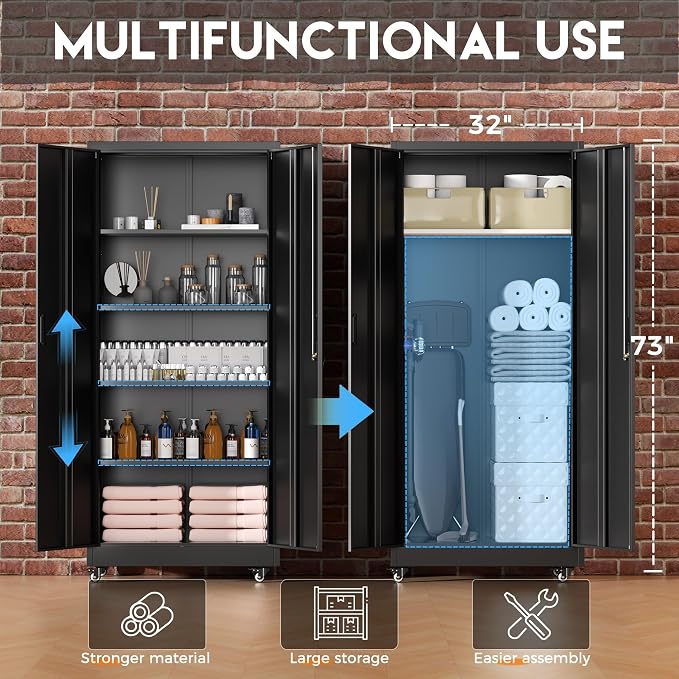 Greenvelly Metal Garage Storage Cabinet with 4 Swivel Wheels, 73" Black Storage Cabinet on Wheels, Rolling Tool Cabinet with Locking Doors and Shelves for Garage, Basement, Home, Warehouse