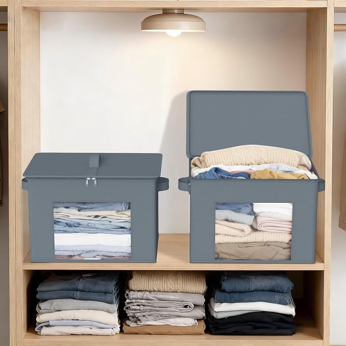 Zilink Fabric Foldable Storage Boxes with Lid Storage Bins, Grey, 4Pack | Stackable, Smooth Zipper, Clear Window, Fabric Closet Containers and Organizers for Home, Office, Bedroom