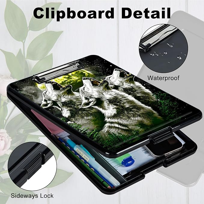 Three Gray Wolves A4 Clipboard with Storage Pen Holder, Clipboards Organizer Nursing Clipboard Foldable File Folder Plastic Clipboard Folio Clip Board for Office Students Classroom Doctor