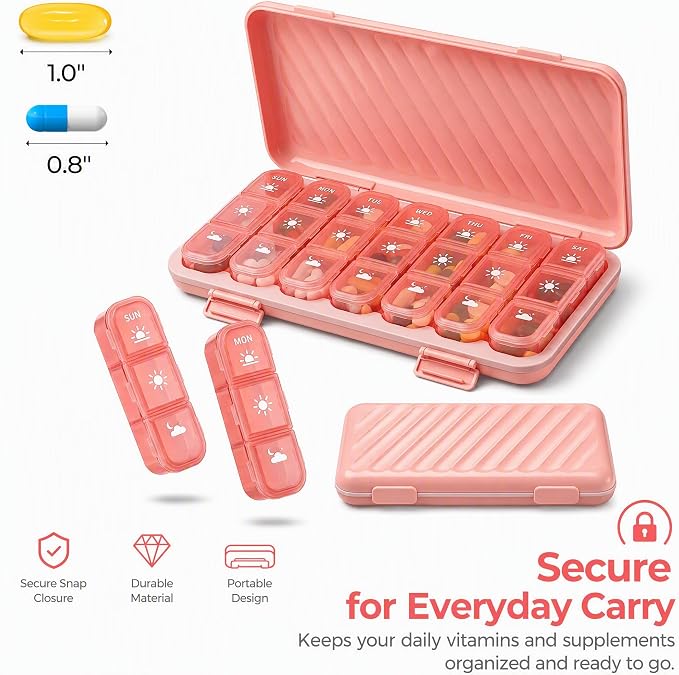 LOHE Pill Organizer 3 Times a Day, Pill Box 7 Day, Weekly Travel Case | Large 7 Day Pill Box 3 Times a Day, Portable Pill Case for Medication, Vitamins, Fish Oil and Supplements