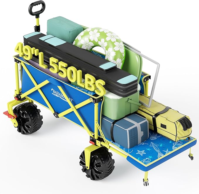Old Bahama Bay 300lbs Extra Long 49" L Beach Wagon with Big Wheels with Brake for Sand, Collapsible Utility Beach Cart Heavy Duty Folding Wagon,Ideal for Outdoor Sand Camping Garden Pet