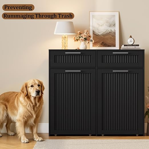 2 X 13 Gallons Pull Out Trash Can Cabinet, Double Trash Cabinet, Black | Fluted Kitchen Trash Cabinet with Drawers, Freestanding Hidden Garbage Pet Proof Trash Can Holder for Laundry, Living Room