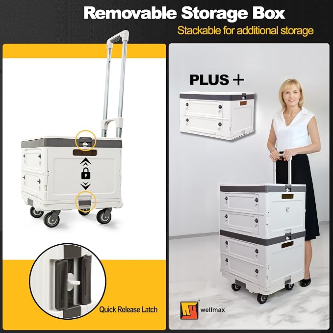 Wellmax Rolling Crate with Wheels, Foldable Utility Cart, 132 lb, White | Adjustable Telescoping Handle, Silent Rolling Wheels, Collapsible Rolling Crate for Car Trunk, Teachers, Office & Groceries