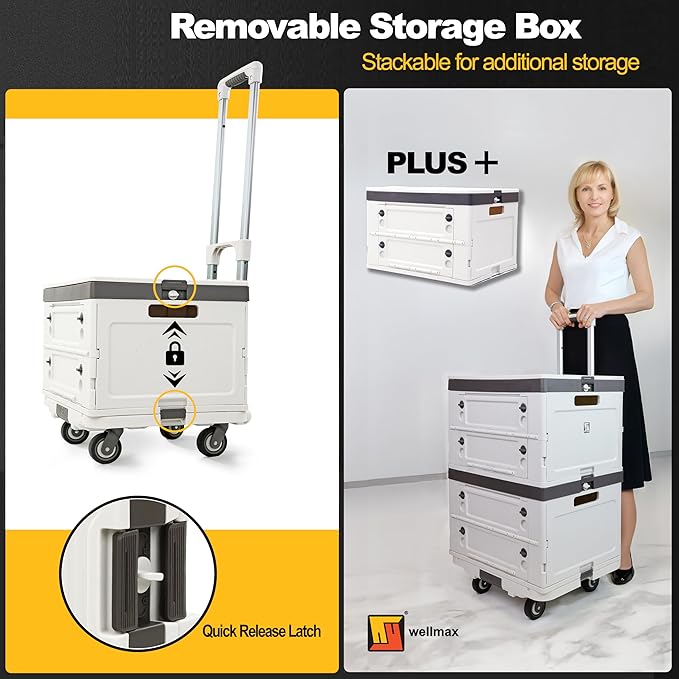 Wellmax Foldable Utility Cart & Rolling Crate – 132 lbs Capacity, Silent Wheels, Aluminum Handle + Bonus Collapsible Basket