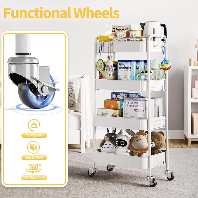 TOOLF 4 Tier Metal Rolling Cart, Utility Storage Cart with Wheels, White | Screwless Assembly, Lockable Metal Wheels, Trolley Organizer for Bathroom, Kitchen, Office, Dorm, Laundry, Craft Room