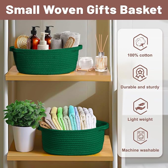 Bufims Small Woven Green Gifts Basket for Storage Empty with Ribbons and Bags Durable Cute Gifts 12"X 8" X 5" Small Rope Basket for Gifting