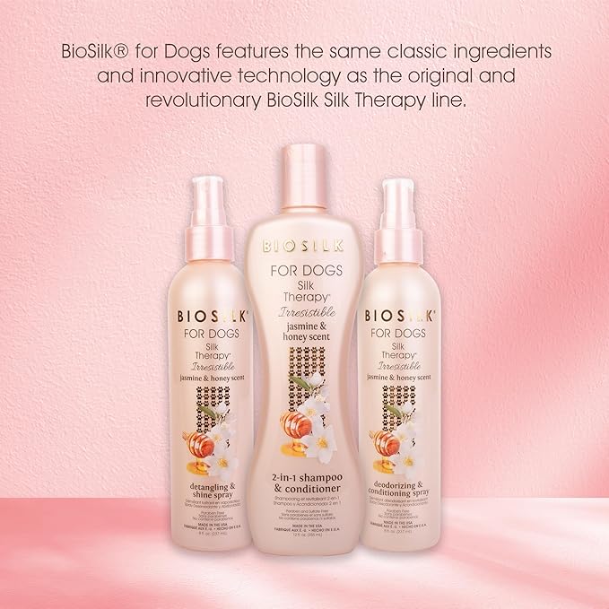 BioSilk for Dogs Silk Therapy Irresistible Deodorizing and Conditioning Spray, Jasmine and Honey Scent, Hydrolyzed Silk Proteins, Paraben Free, pH Balanced for Dogs, Safe 8 Weeks+, 8 fl oz