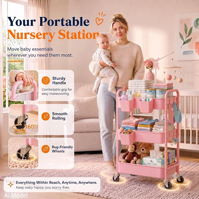 3 Tier Rolling Cart Metal with Lockable Wheels, Pink Three Tiered Diaper Caddy Cart Organizer on Wheels, Storage Utility Trolley Carts for Craft, Art, Nail, Lash, Baby Supplies, Cleaning, Mesh