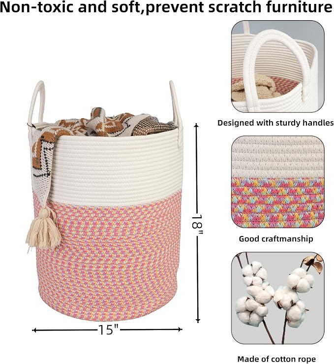XUANGUO Cotton Rope Laundry Basket Hamper for Clothes Large | Woven Storage Basket for Living Room Bedroom Boho Tall Rope Baskets for Blanket Toys Pillow Towels Baby Nursery Hamper Bin